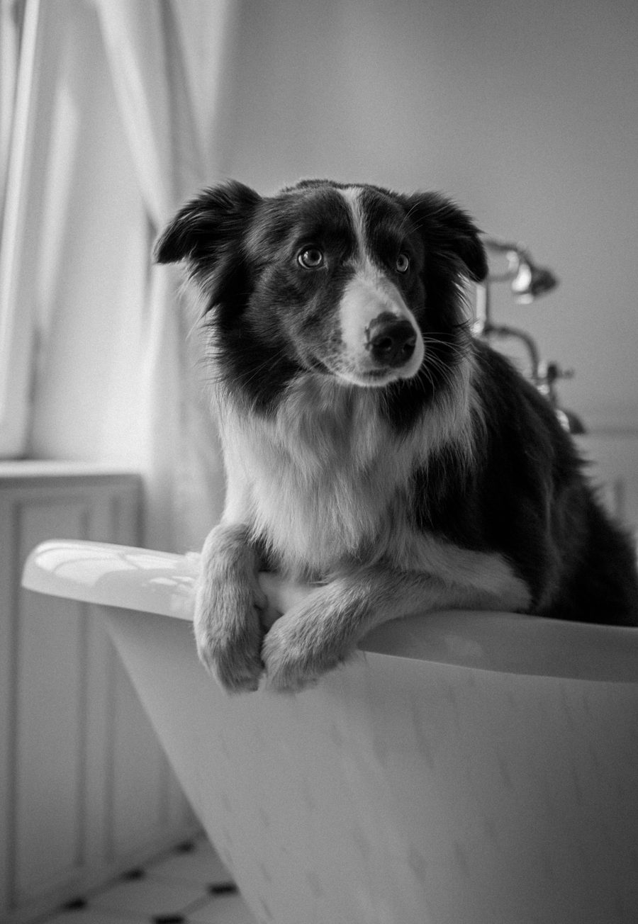 Border collie waiting in the bath